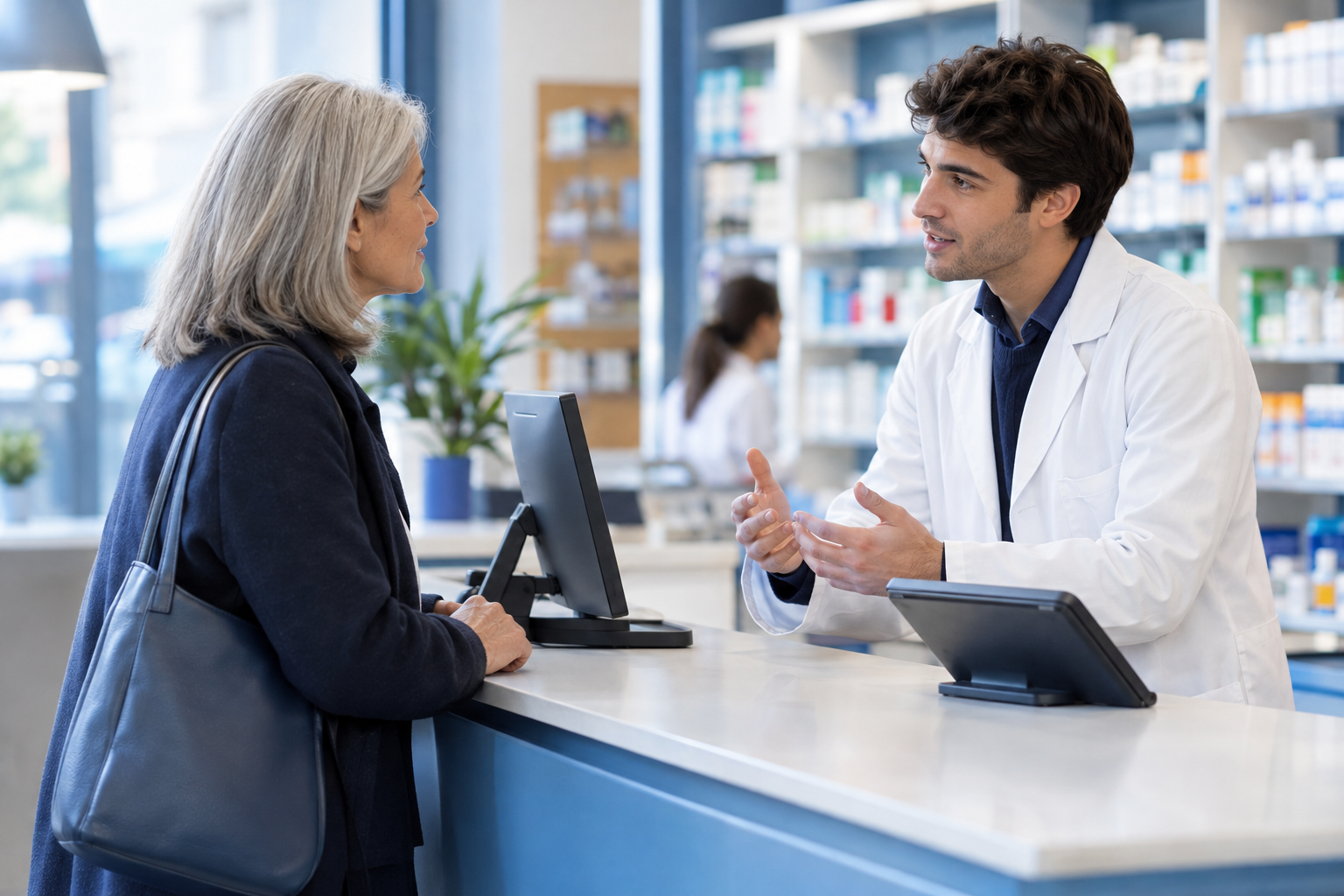 Cliente chiede informazioni al banco della farmacia
