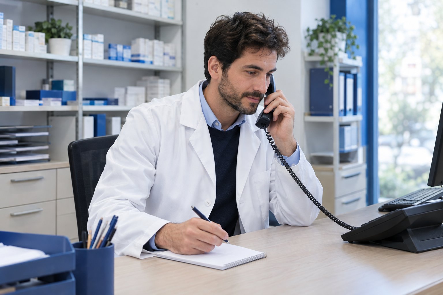 Collaboratore della farmacia risponde al telefono dal retrobanco